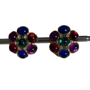 Vintage Oversized Gold Tone Body With Six Color Stones Earrings